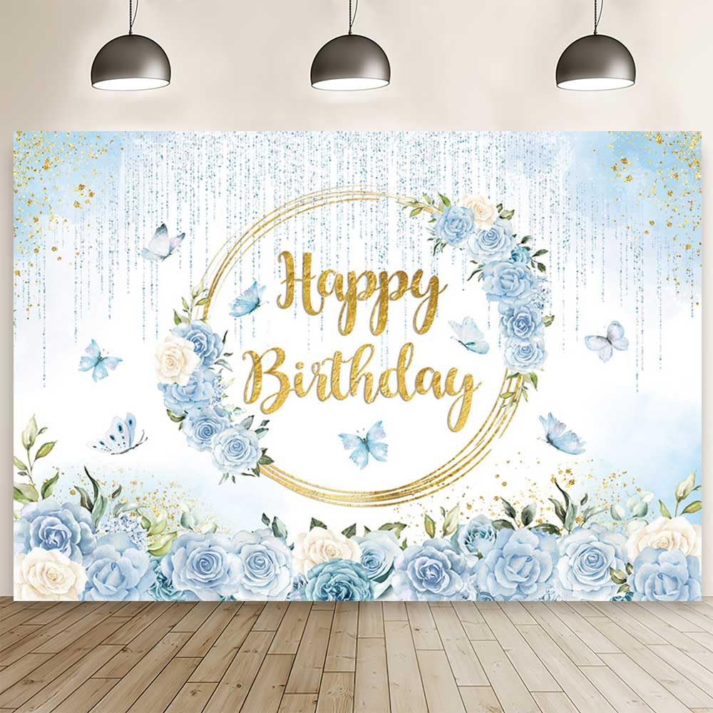 MEHOFOND 7x5ft Spring Blue Floral Happy Birthday Backdrop Blue Pastel Dripping Glitter Bday Photography Background Geometric Butterfly Bday Party