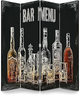 4 Panels Room Divider Screen for Bar menu Alcohol Drink Bottle Glass Beer Gin Wine Wood Folding Privacy Screen Partition Canvas Wall Divider Freestanding Portable Indoor Separator