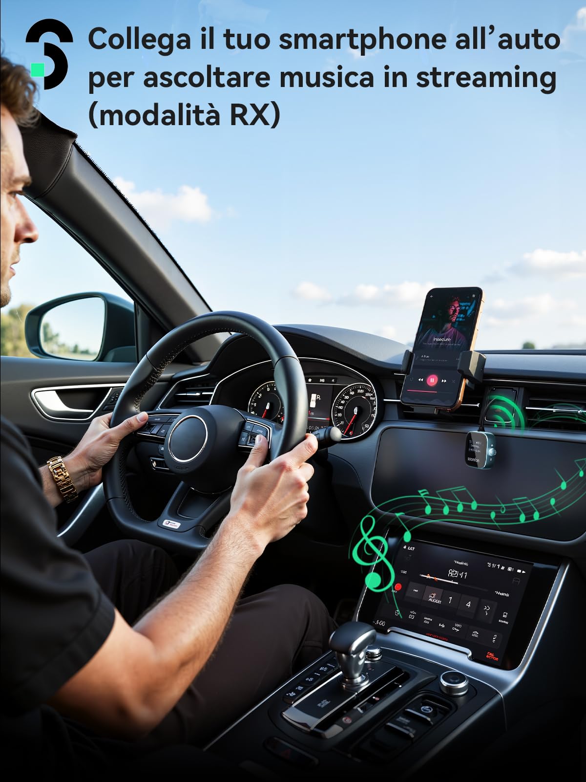SOOMFON 2 in 1 Trasmettitore e ricevitore Bluetooth 5.3, Adattatore Audio Bluetooth AUX Jack da 3,5 mm con display, supporta la connessione di 2 Cuffie, adatto per TV, Aereo, Auto e Impianto Stereo