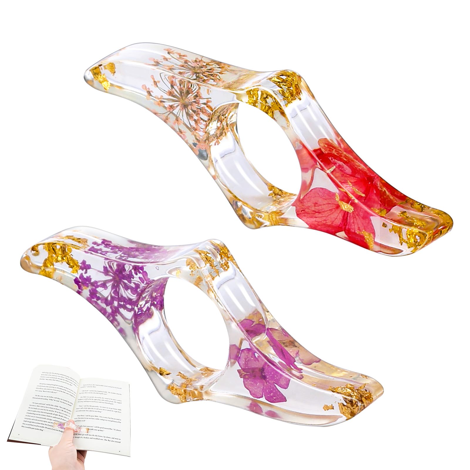 2 PCS Resina Soporte para Página de Libro de Flores Secas, Anillo Lectura Pulgar Transparente Marcador Floral Hecho a Mano, Abridor de Libros Ligero, Accesorios de Lectura para Amantes de Los Libros