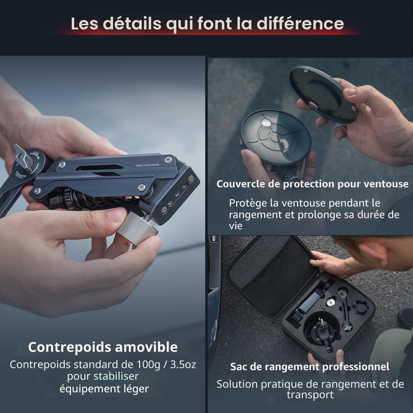 SMALLRIG Mini Bras Amortisseur, Ventouse 4 Pouces, Double Ressort et Amortissement Hydraulique, Support Voiture pour DJI Osmo Pocket 4/3, pour Insta360 Luna Ultra X5, avec Sac de Rangement - 5123