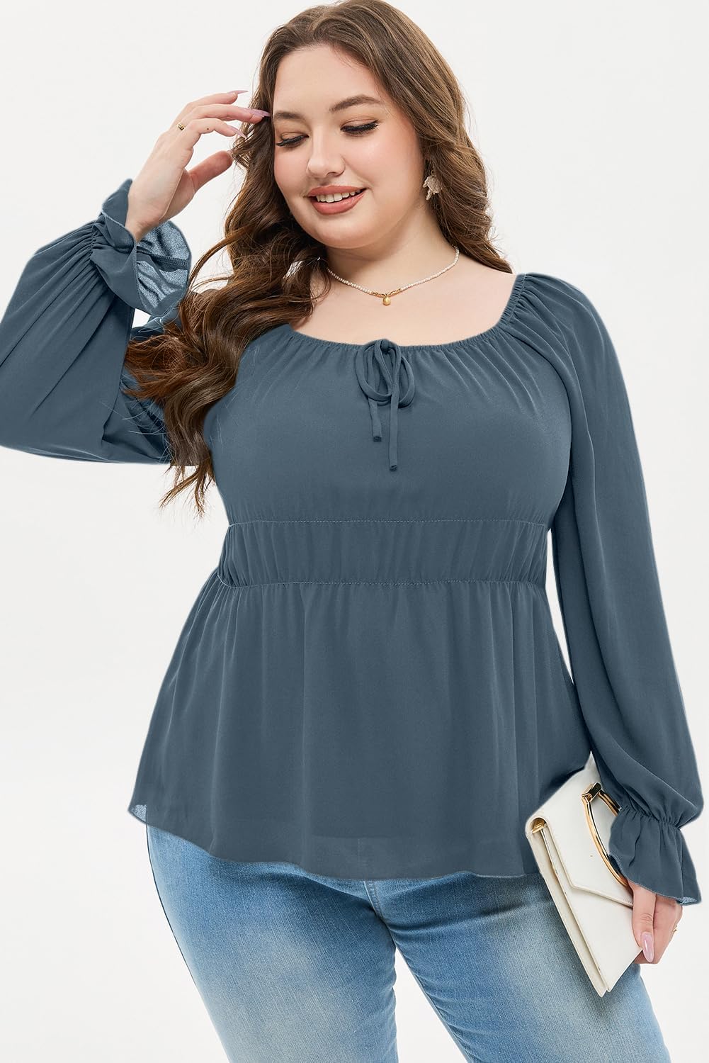 AlvaQ Womens Plus Size Tops Tie Front Square Neck Long Sleeve Elastic Waist Ruffle Peplum Hem Blouse Shirt - Image 5