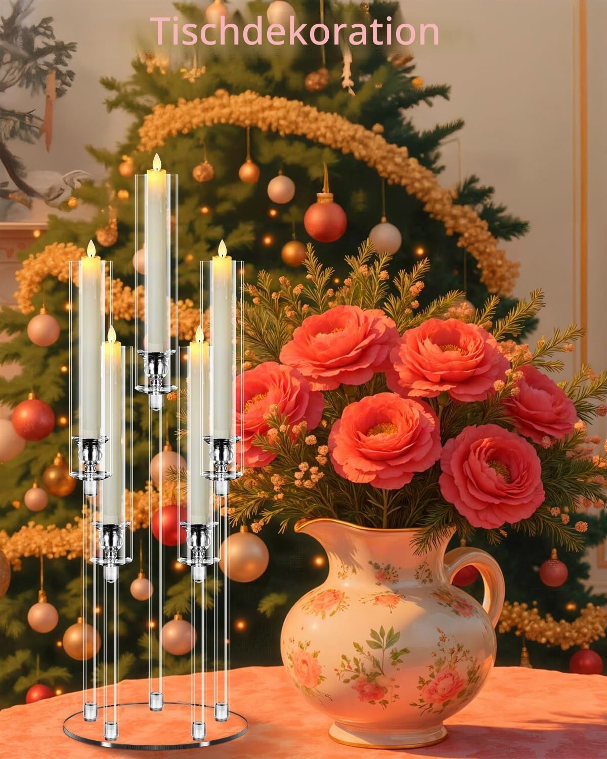 4X MSDADA Großer 5-Armiger Kerzenleuchter aus Acryl 68 cm, Hohe Klare Kerzenständer für Wohnzimmer Hochzeit Weihnachten Festliche Deko, Kompatibel mit 2 cm LED Stabkerzen