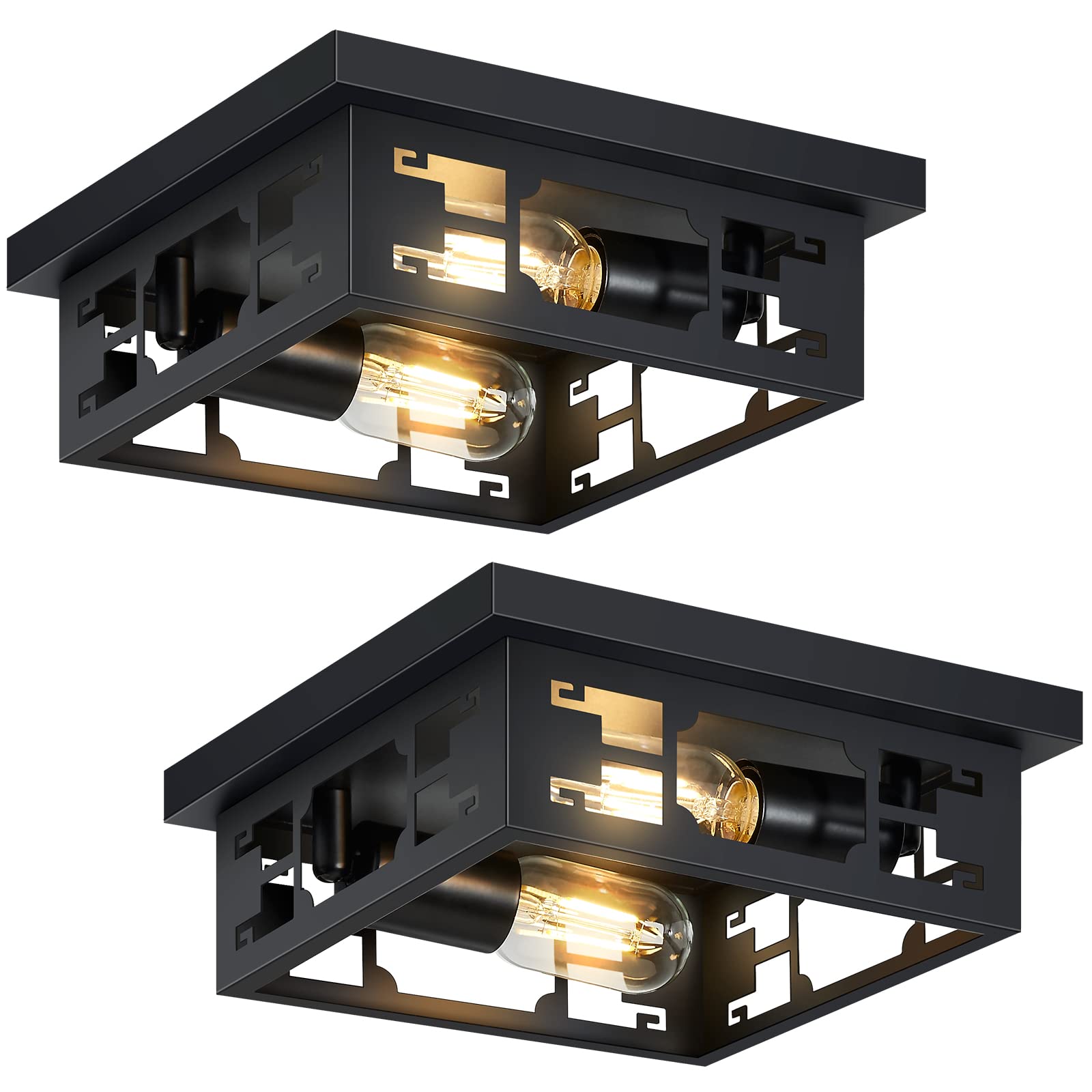 ZHU YAN 2-Light Flush Mount Ceiling Light Fixture,Farmhouse Ceiling Light Fixture,2 Pack Square Black Ceiling Light Metal Cage Ceiling Lamp Fixture for Kitchen Entryway Hallway E26 Base