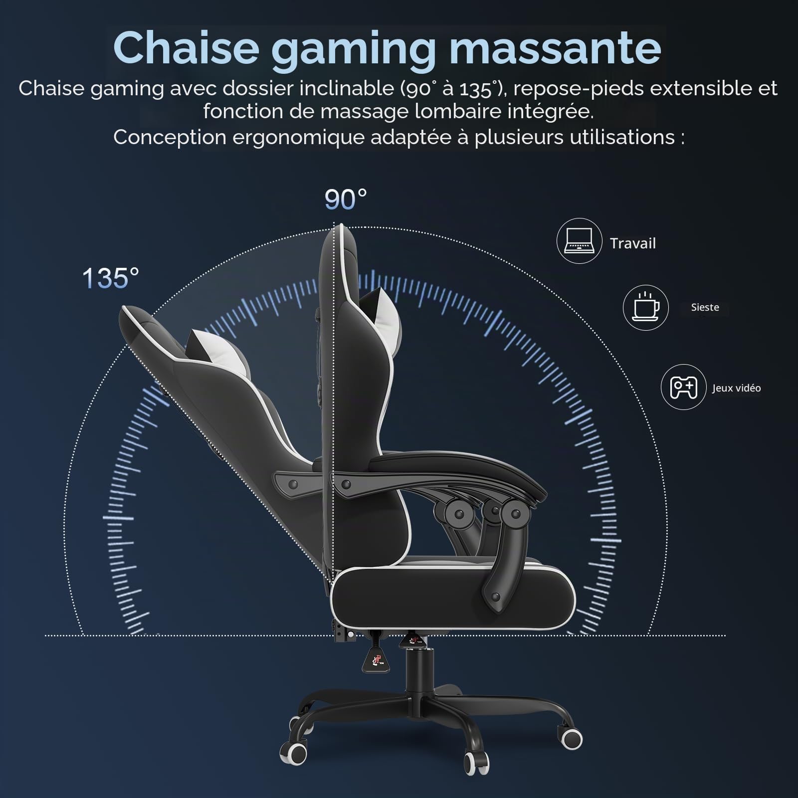 JUMMICO Jetstream Chaise de Gaming Ergonomique avec Fonction Massage, Chaise de Bureau, 150 kg, Blanche