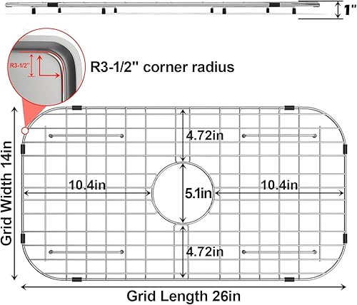 Vista 2 de Rejilla protectora de 26-1/16 x 14-1/16 pulgadas, drenaje centrado con radio de esquina de 3-1/2 pulgadas, material de acero inoxidable