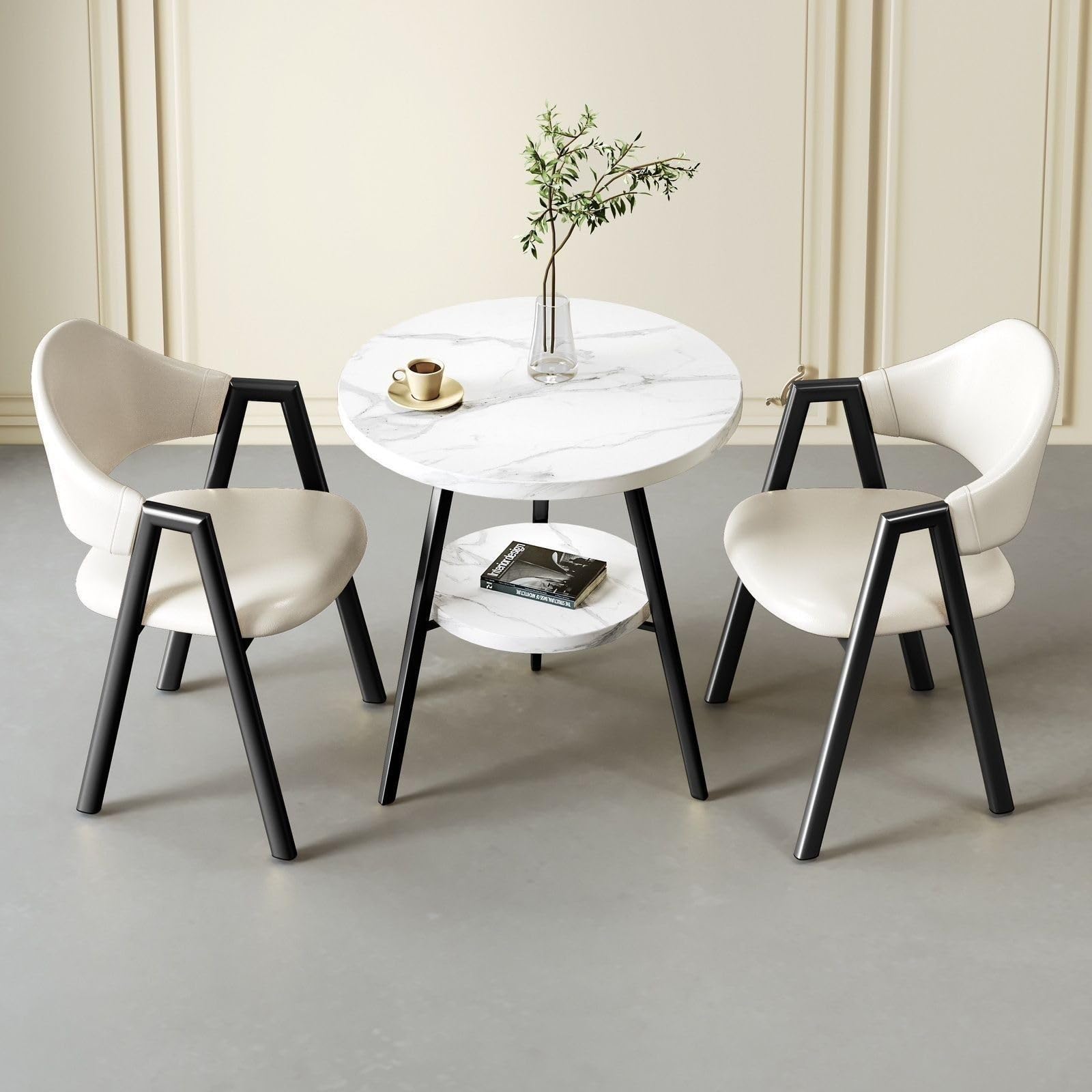 Small Round Reception Table with 2 Chairs, 2-Tier Faux Marble Dining Table and Chairs Set for Office, Lounge, Living Room, Kitchen (White Leather, 54x40x78cm)