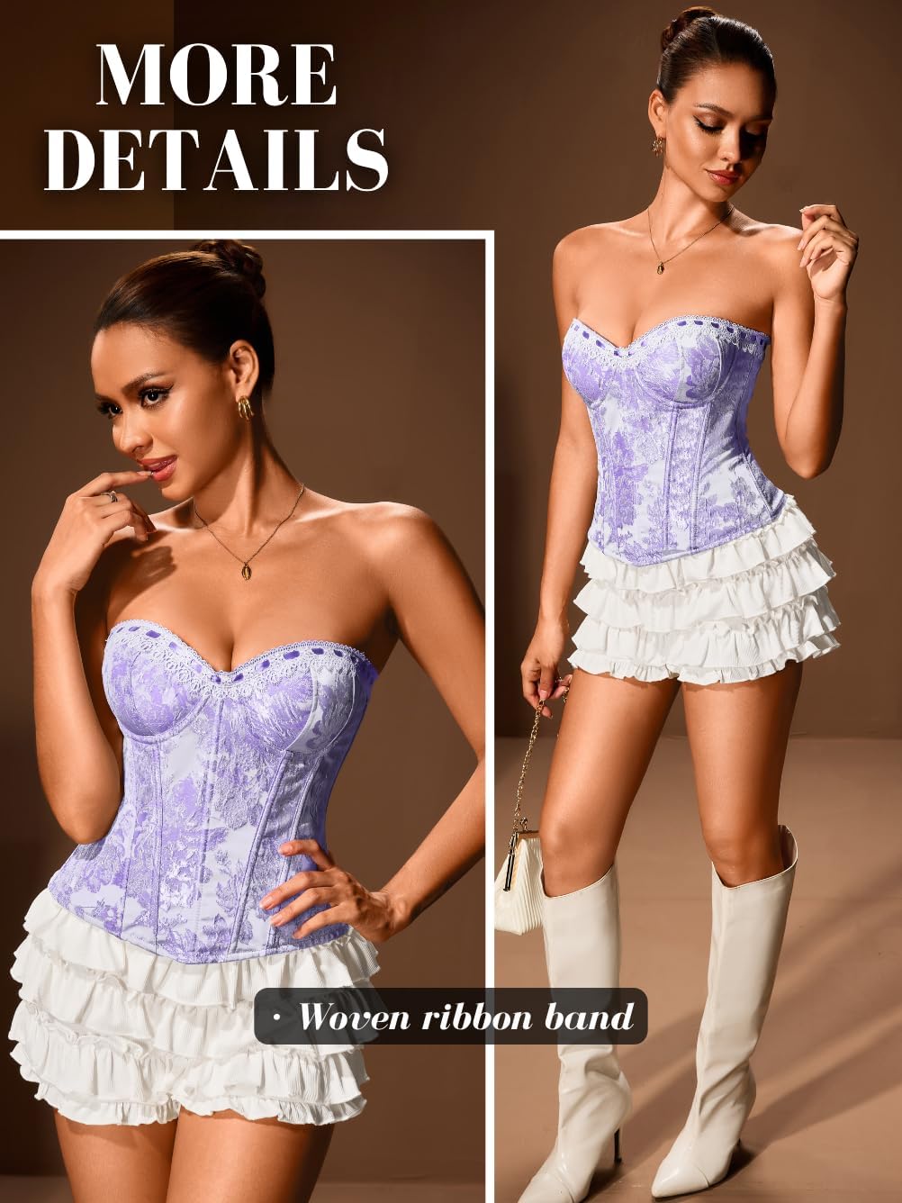 ChiaoLezhee Jacquard Floral Lace Trim Corset, Embroidery Padded Underwire, Lace-up Bustier Strapless Top for Women S-3XL