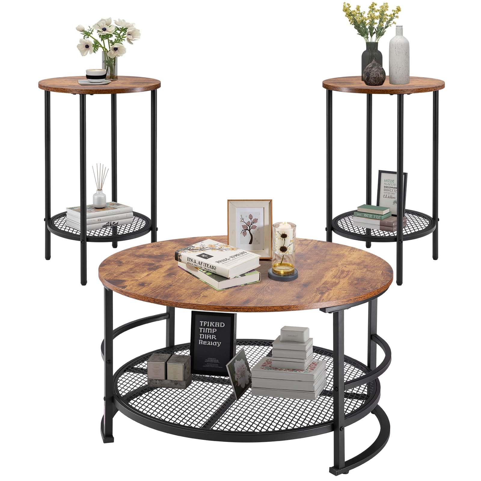 VEVOR 3 Pieces Round Coffee Table Sets, 31.5 in Industrial Living Room Table with 2 End Side Tables, Easy Assembly Coffee and End Tables Sets with
