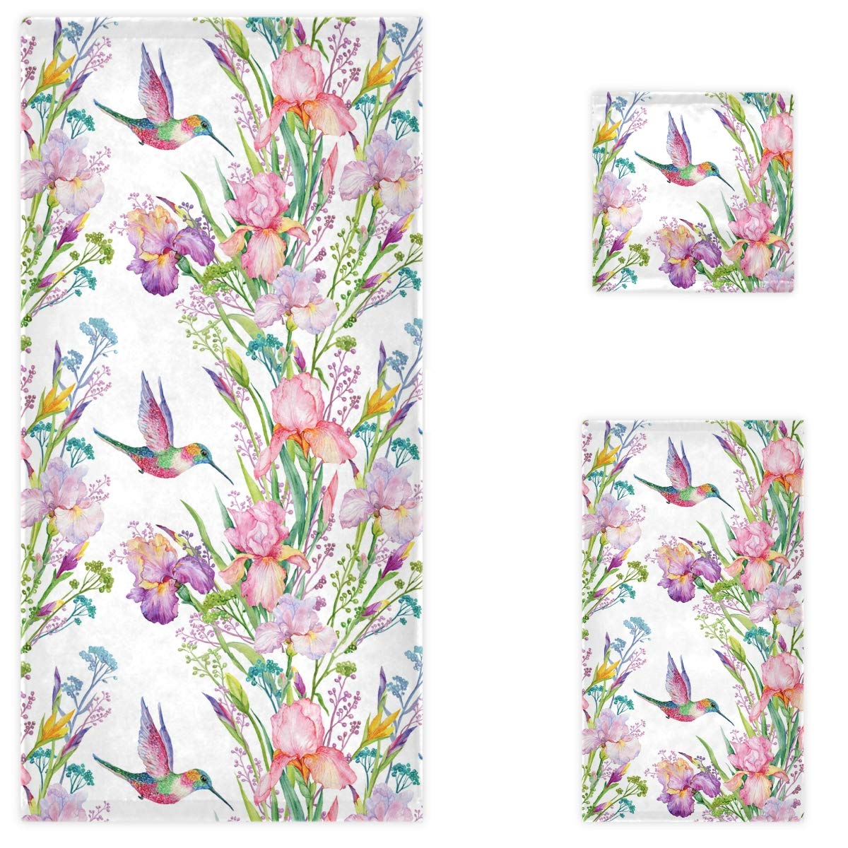 Naanle Spring Hummingbird Irises Flowers Floral Soft Luxury Decorative Set of 3 Towels, 1 Bath Towel+1 Hand Towel+1 Washcloth, Multipurpose for