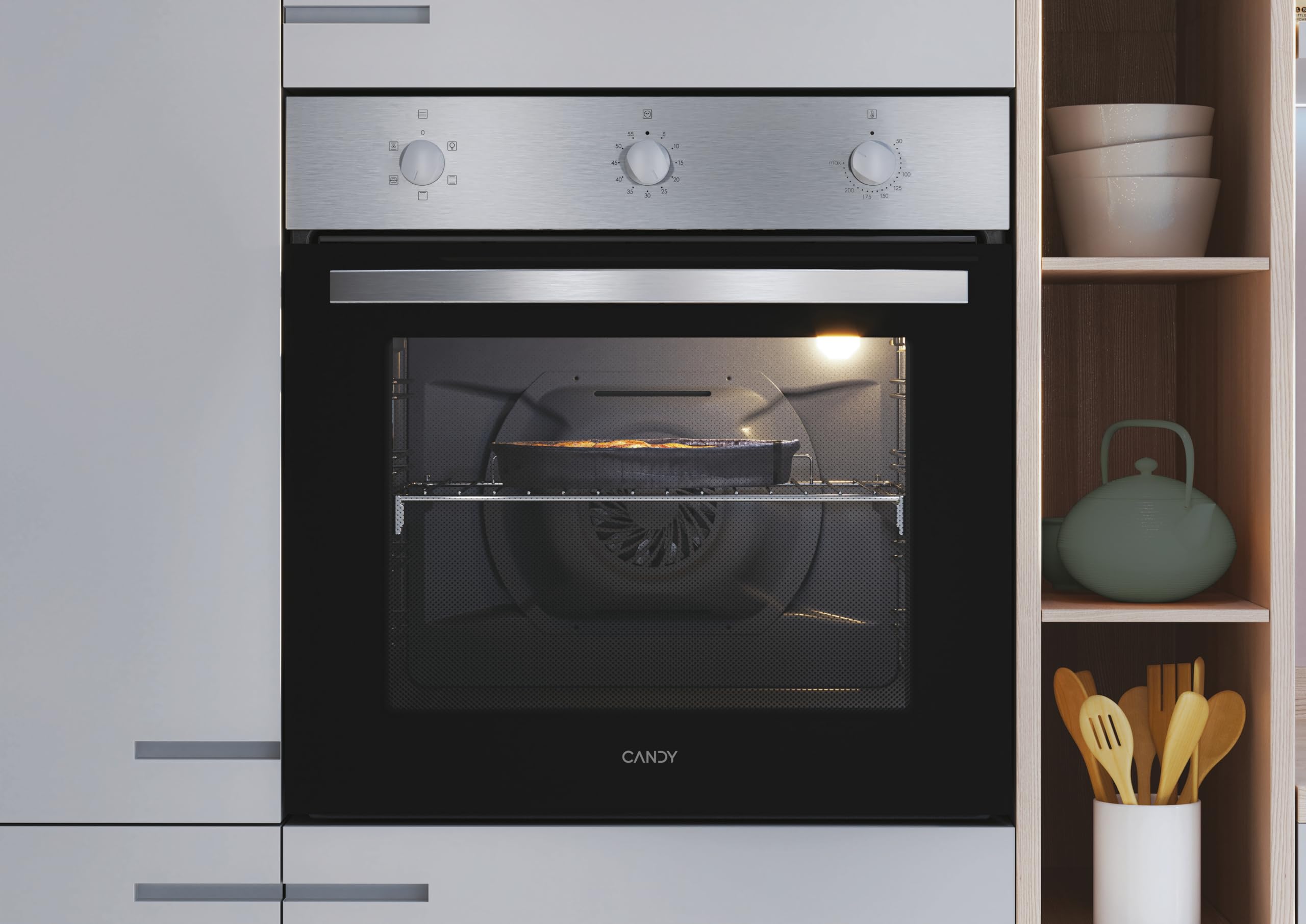 Candy Idea FIDC X532, Horno Multifunción, 65L, 1 Bandeja y 1 Rejilla, Guía Telescópica, Convección + Ventilador, 5 Funciones, 3 Mandos Mecánicos, 2100W, Puerta Doble Cristal, Inox y Negro