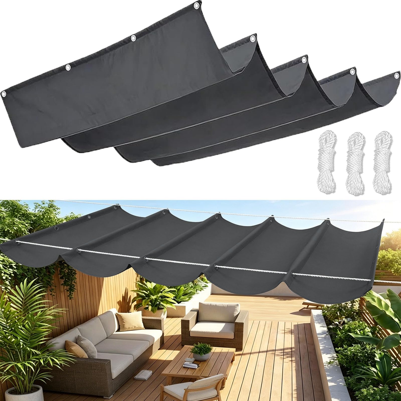 Retractable Wave Sun Shade Sail, Waterproof Sunscreen Awning Canopy UV Rays Blocking, Shade Sails for Garden Patio Pool Yard Party with Free Rope-Coal Black||50x850cm