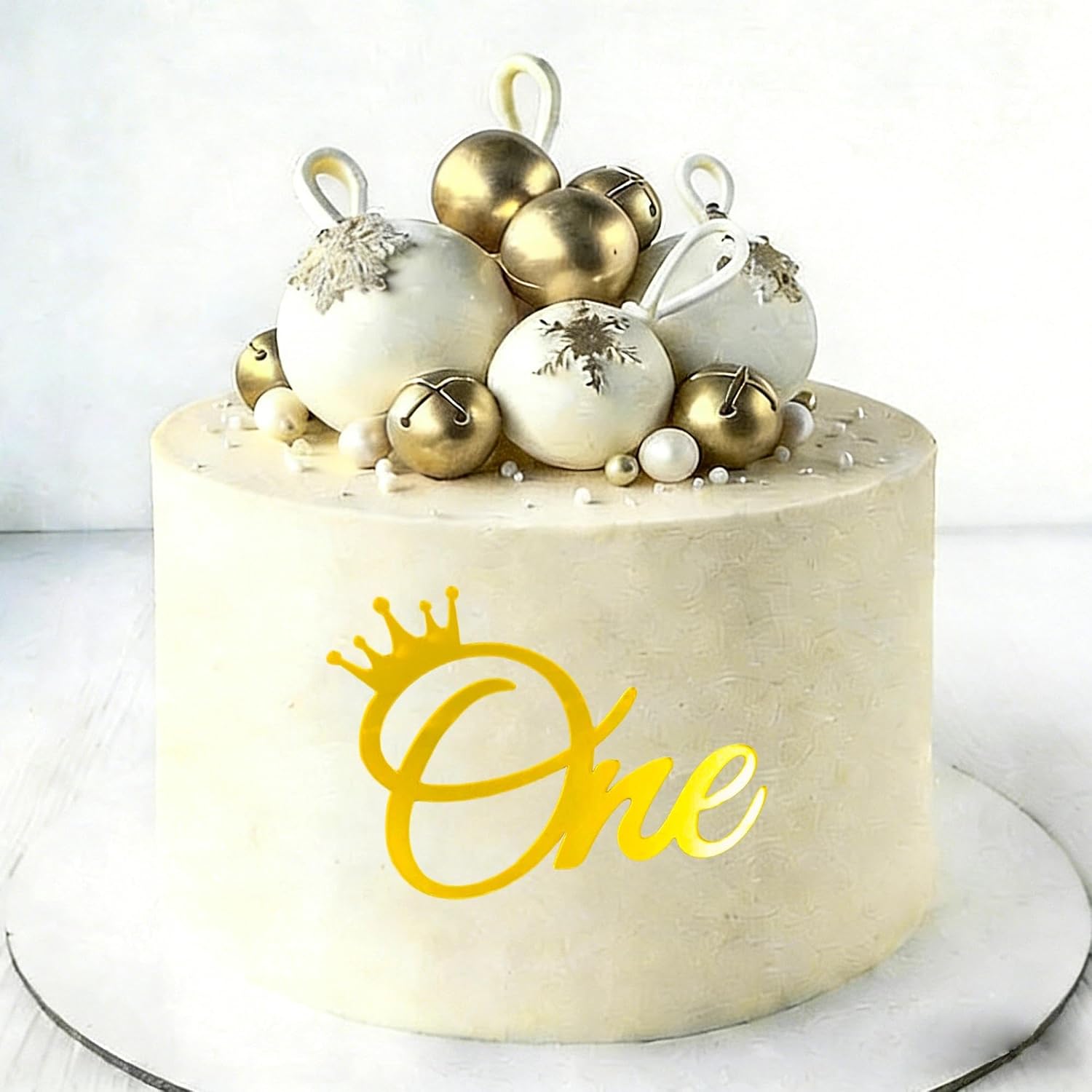 Mirror Acrylic One Cake Side Topper Gold Elegant First Birthday Cake Decorations for Side Decor Crown 1st Birthday Party Supplies for Baby Boys Girls