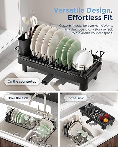 Miniatura 4 de Nacial Escurridor de platos pequeño 2 en 1 para fregadero de 14 a 21.8 pulgadas, escurridor de platos para encimera de cocina, cesta de drenaje para
