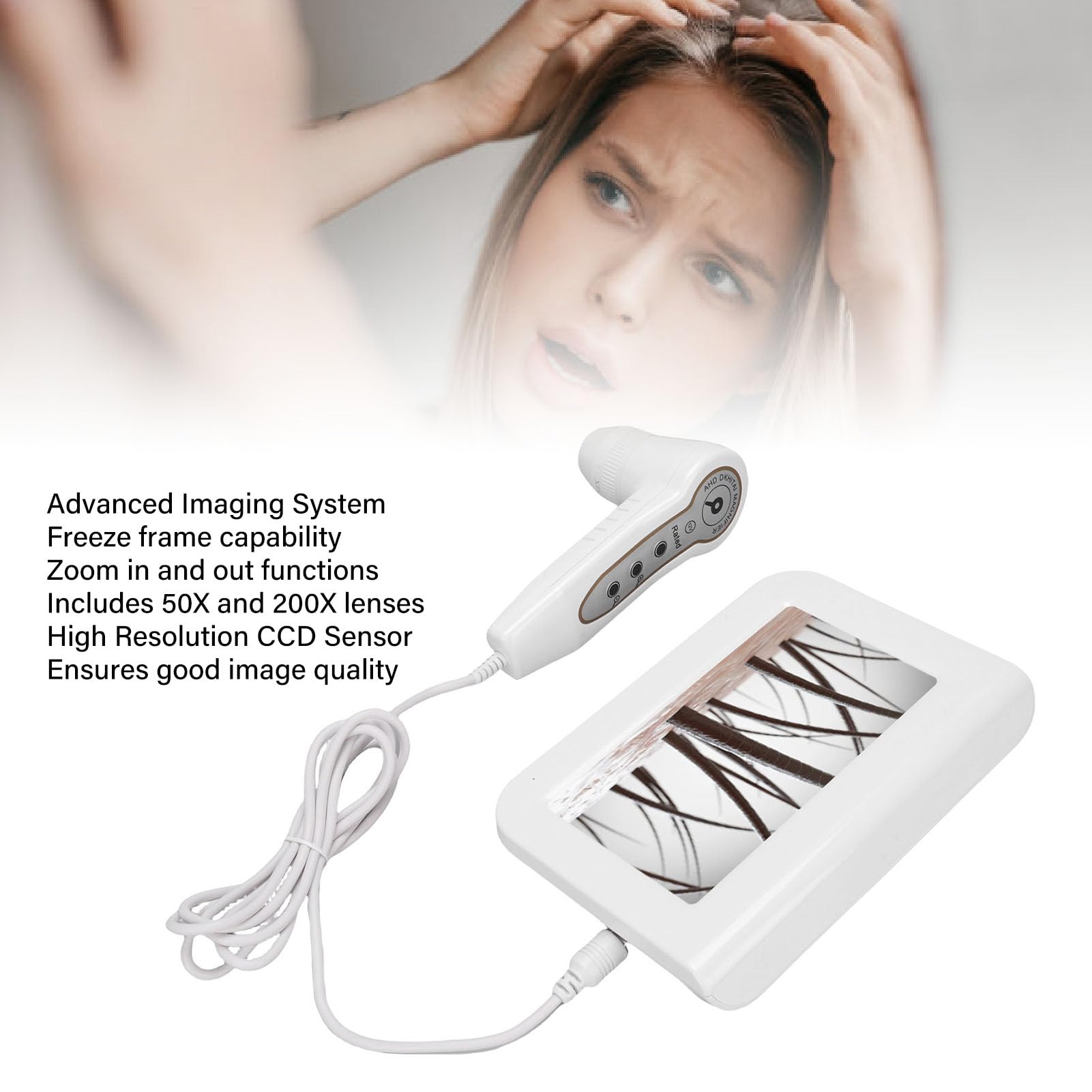 Analizador de Cabello y Piel 7 Pulgadas, Escáner Capilar Profesional 200x Alta Resolución, Diagnóstico Folículo Hidratación Facial (Enchufe la UE)