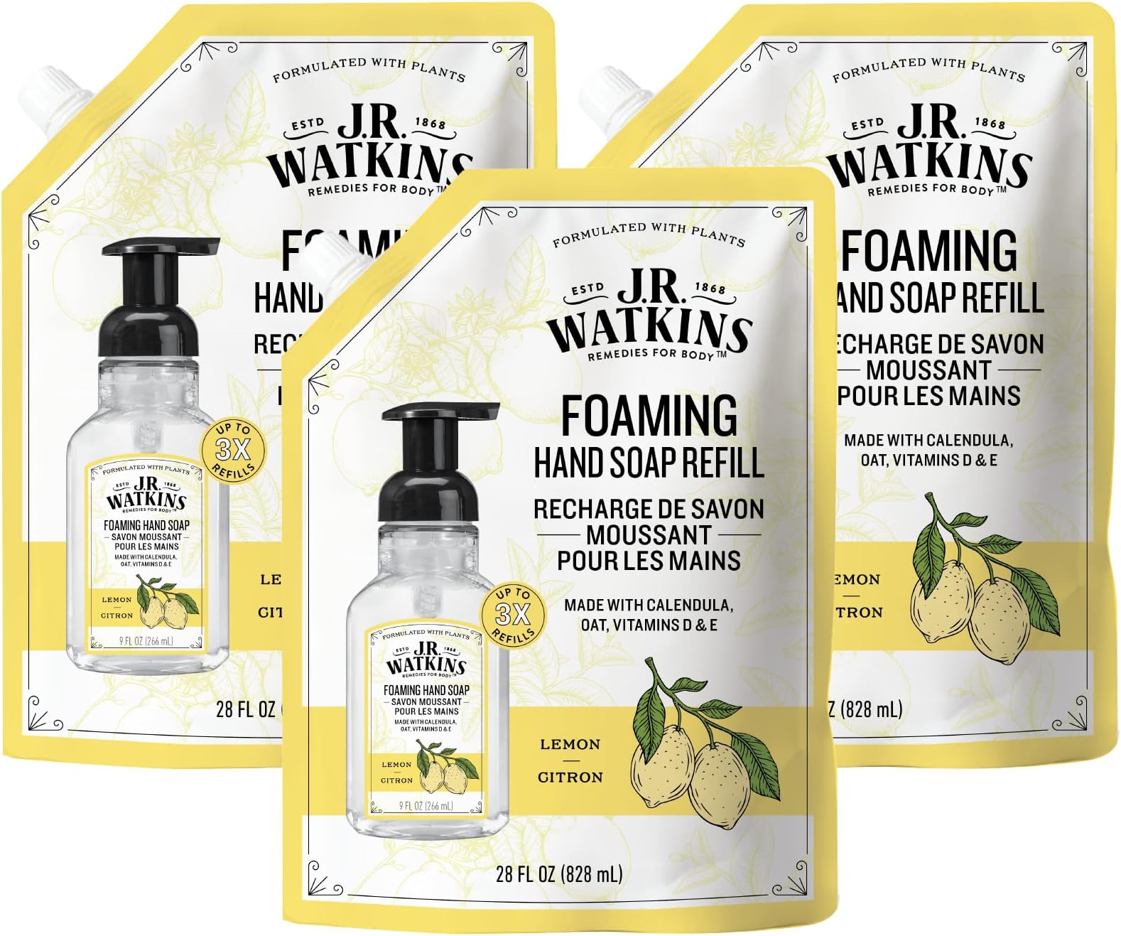 J.R. Watkins Foaming Hand Soap Refill, Moisturizing Foam Hand Wash, All Natural, Alcohol-Free, Cruelty-Free, USA Made, Lemon, 28 fl oz, 3 Pack