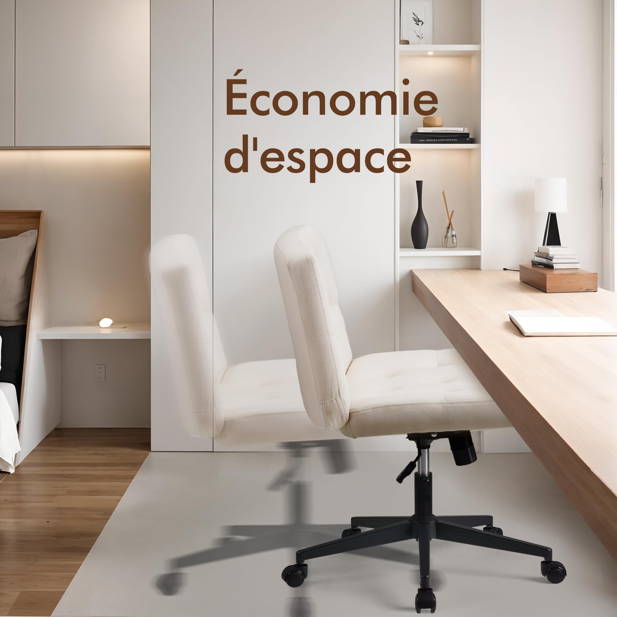 Chaise de Bureau sans Bras à Dossier Moyen, Chaise de Maquillage Extra-Large, Chaise à Pieds croisés réglable en Hauteur, Chaise Commode Confortable(Beige)