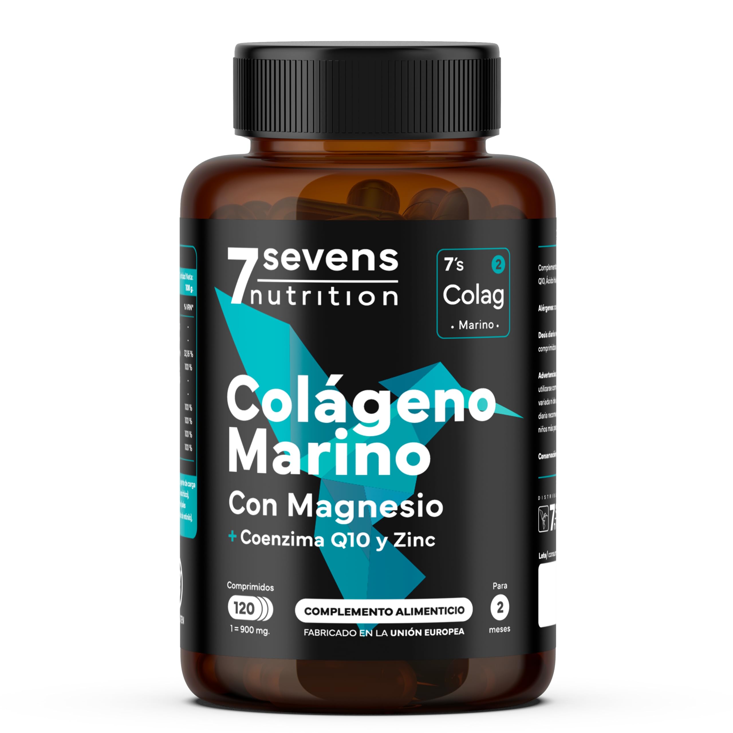 Colágeno Marino Hidrolizado con Magnesio, Ácido Hialurónico y Coenzima Q10 - Enriquecido con Vitaminas A, C, D3, B12 y Zinc - Fortalecimiento óseo, articular, muscular y cutáneo - Sevens