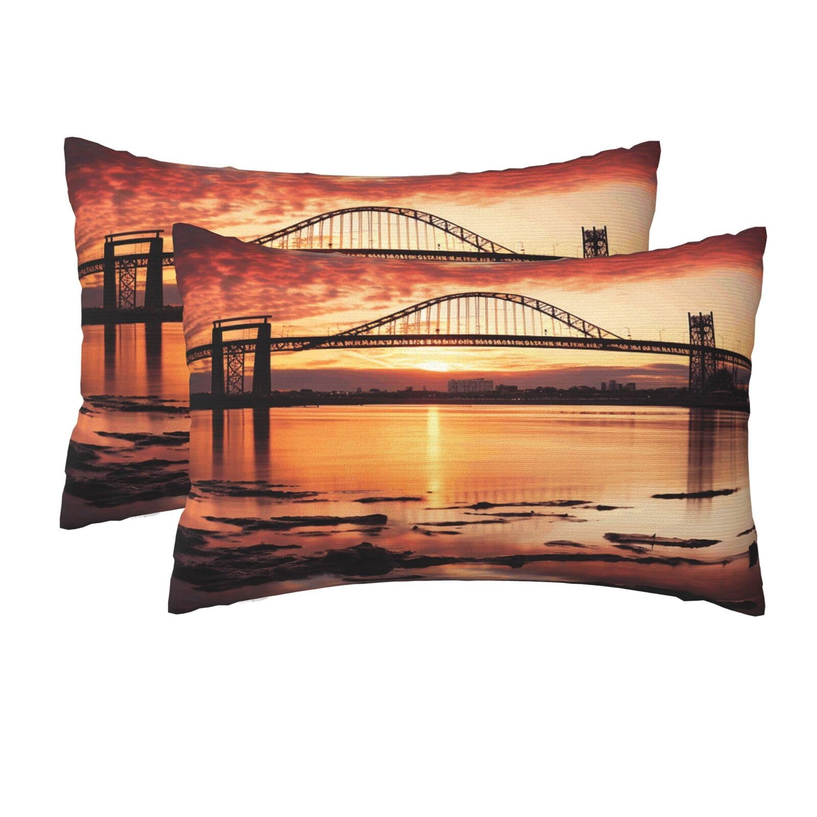 2 Pack Queen Pillow Cases with Hidden Zipper, Soft Breathable Pillow Covers for Hair and Skin, Newark Bay Bridge and Sunset Pillowcases 20"x30" Bed Pillow Protectors Cover for Sleeping Gifts