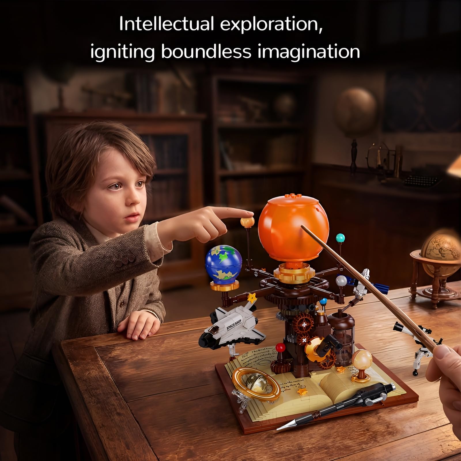 Retro Solar System Orrery Bausatz mit Rotierenden Planeten, 672Stk Space Shuttle Teleskop, Astronomisches Spielzeug zum Zusammenbauen mit Zauberstift für Jugendliche Erwachsene, Vintage Deko Geschenk