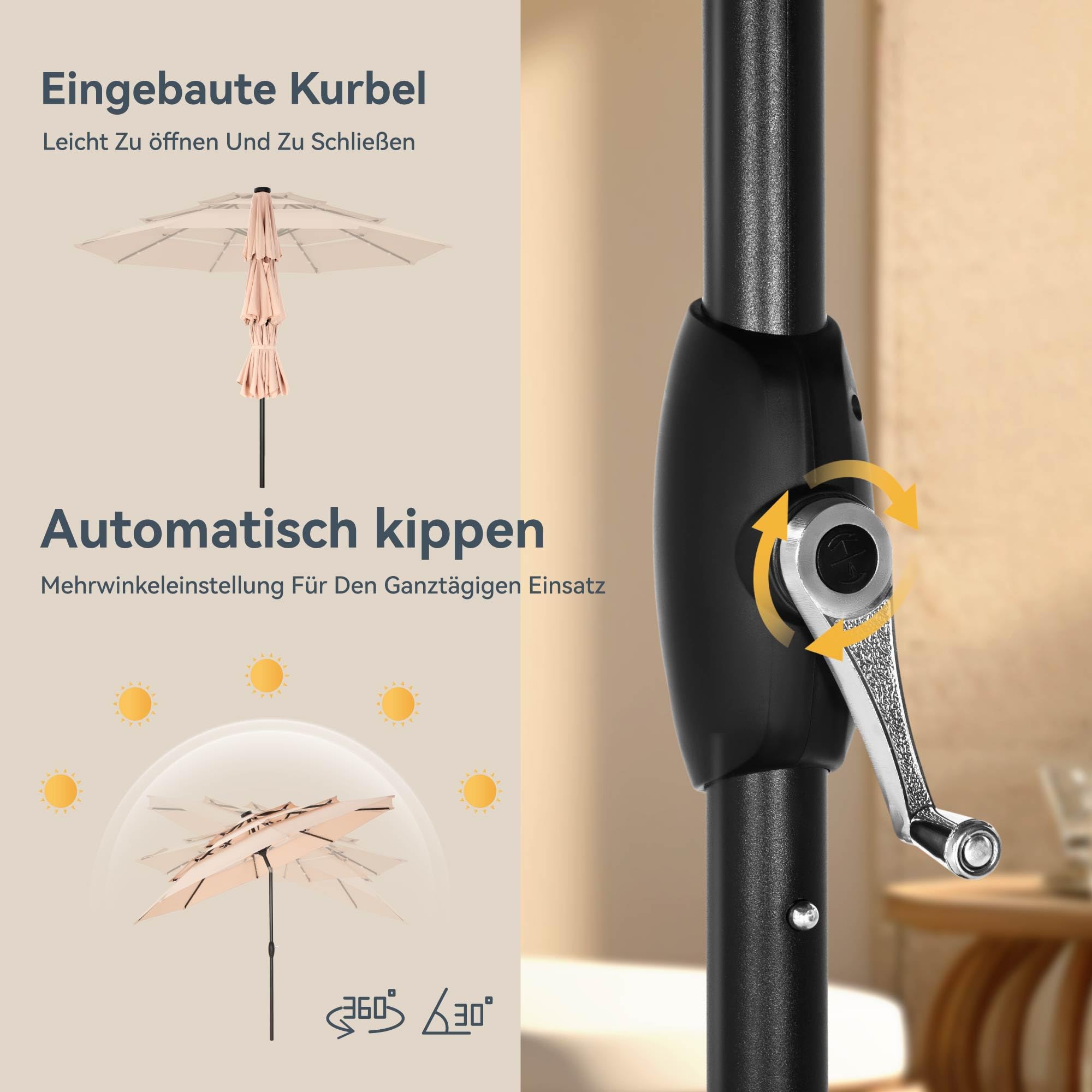 PHI VILLA Sonnenschirm Balkon Groß 300cm Balkonschirm Garten Terrasse Gartenschirm mit Kurbel UV Schutz Parasol Windfest