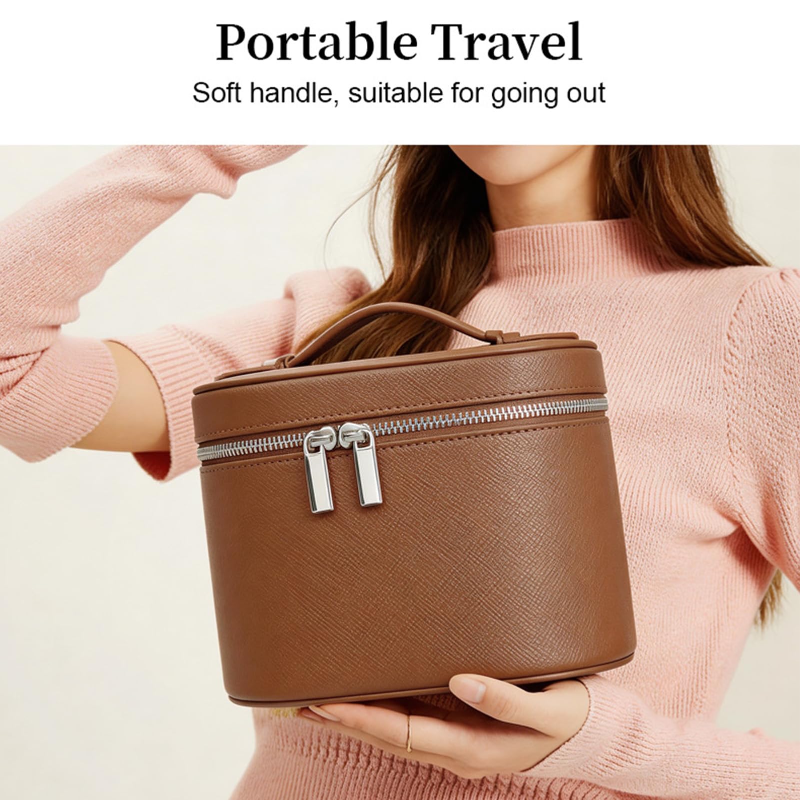 Asixxsix Borsa Trucco Grande, Beauty Case con Divisore Rimovibile (BROWN) | Borsa da viaggio per cosmetici, con manico superiore, 16,5x14,5x21 cm / 6,50x5,71x8,27 pollici, doppia cerniera, per donne