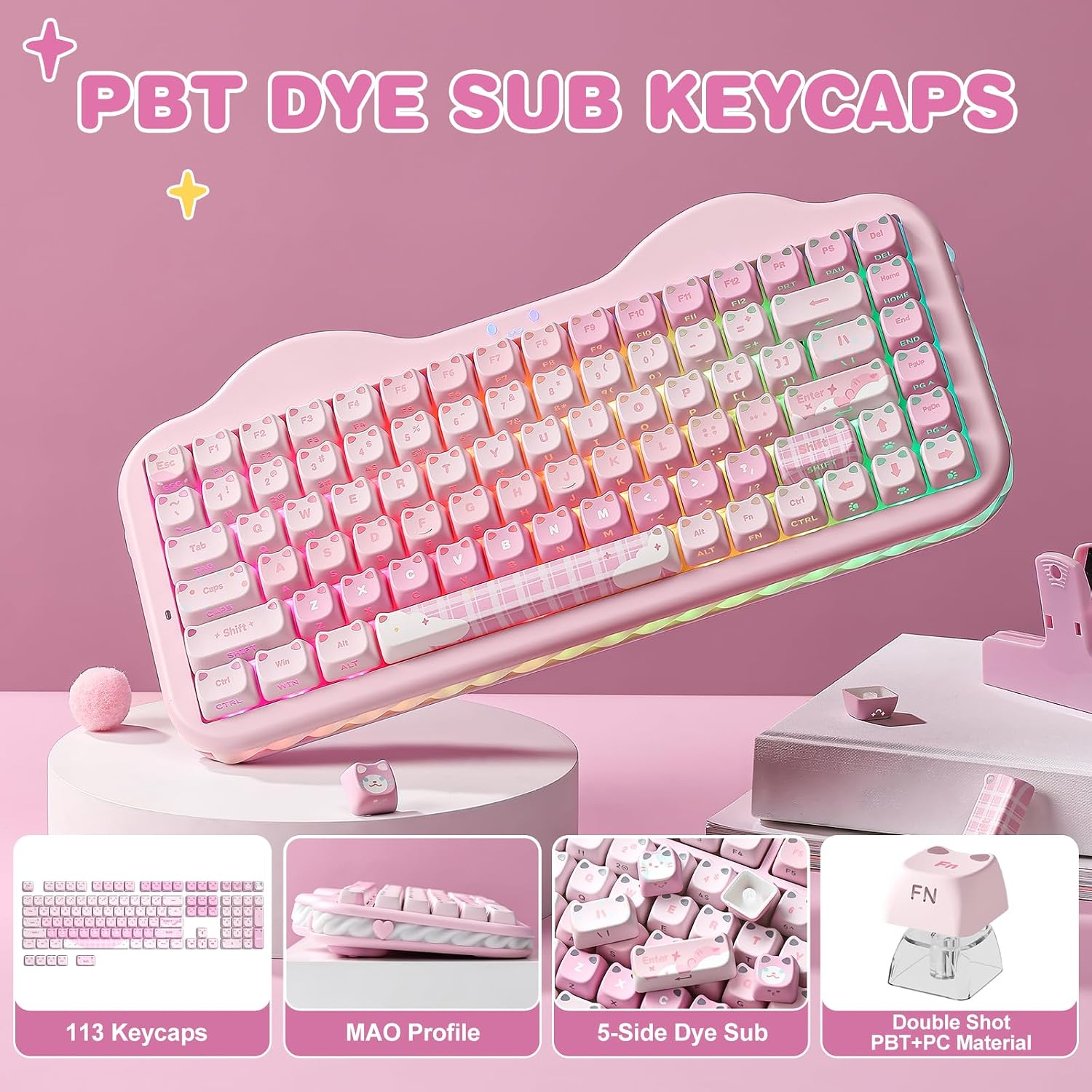 YUNZII Cute Cat Keycap Set, Mao Profile,Side-Print PBT/PC Shine Through Keycaps Set,113 Keys for Custom Mechanical Keyboard with Cherry MX Swithes for 60%, 65%, 75%,TKL, 96%,100% Layout for Win(Pink)