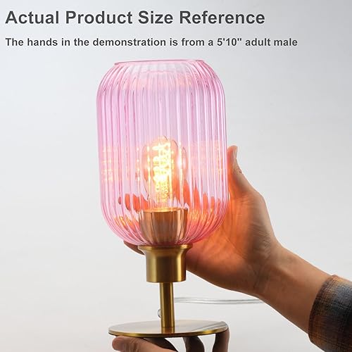 Miniatura 6 de Lámpara de mesa de cristal de mediados de siglo, lámpara de escritorio regulable, bombilla LED incluida, temporizador integrado, vidrio acanalado