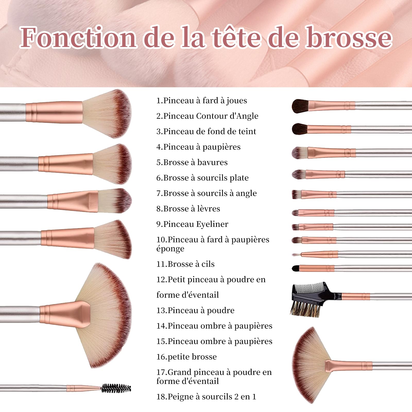 Ensemble de 18 pinceaux de maquillage professionnels Champagne Gold, fond de teint, poudre, fard à joues, ombre à paupières, eye-liner, trousse de maquillage avec sac à cosmétiques
