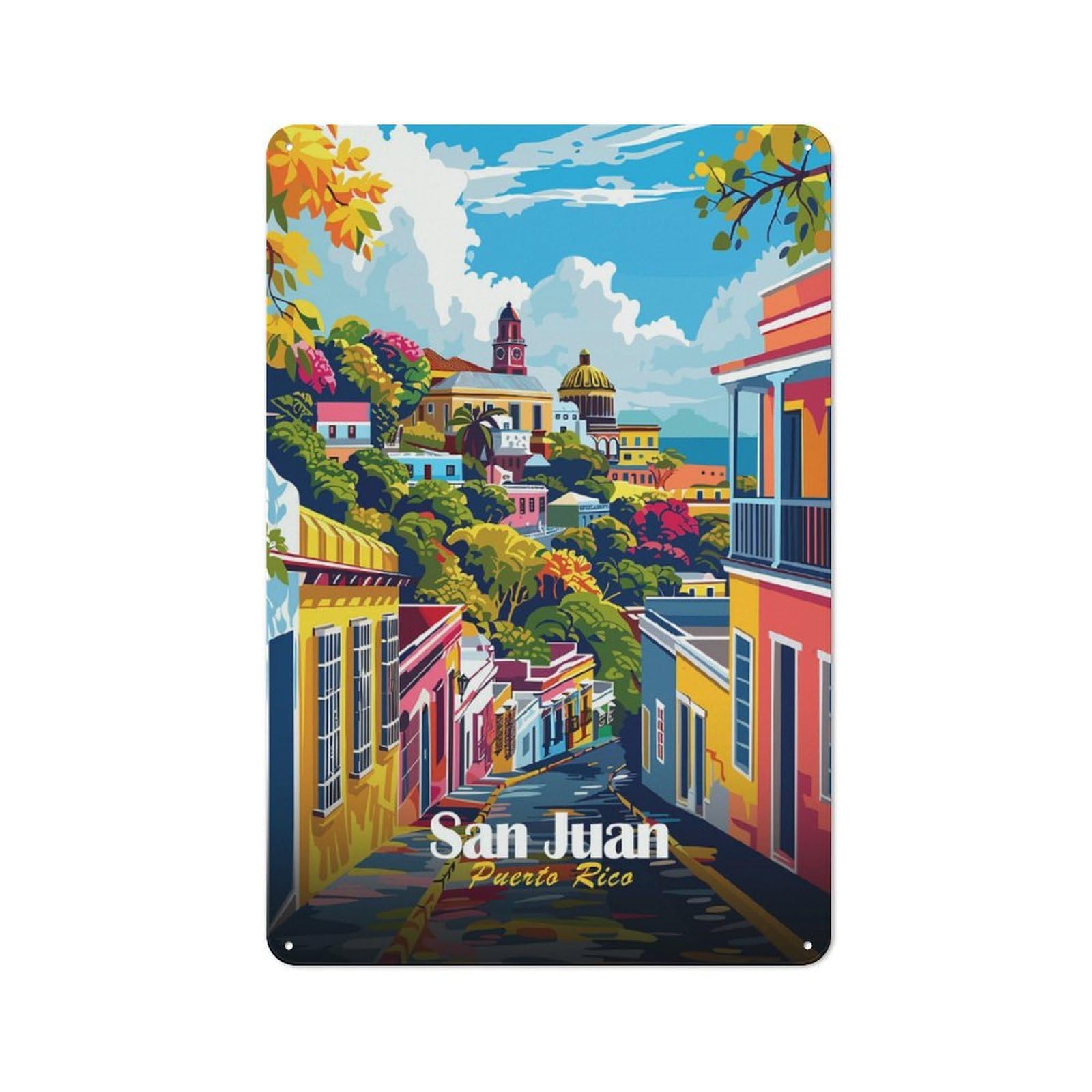 Junmoney Style-6 Retro-Style Tin Sign 30X20cm Featuring San Juan, Puerto Rico Cityscape For Hallway Wall, For Garage, Workshop And Man Cave Decoration