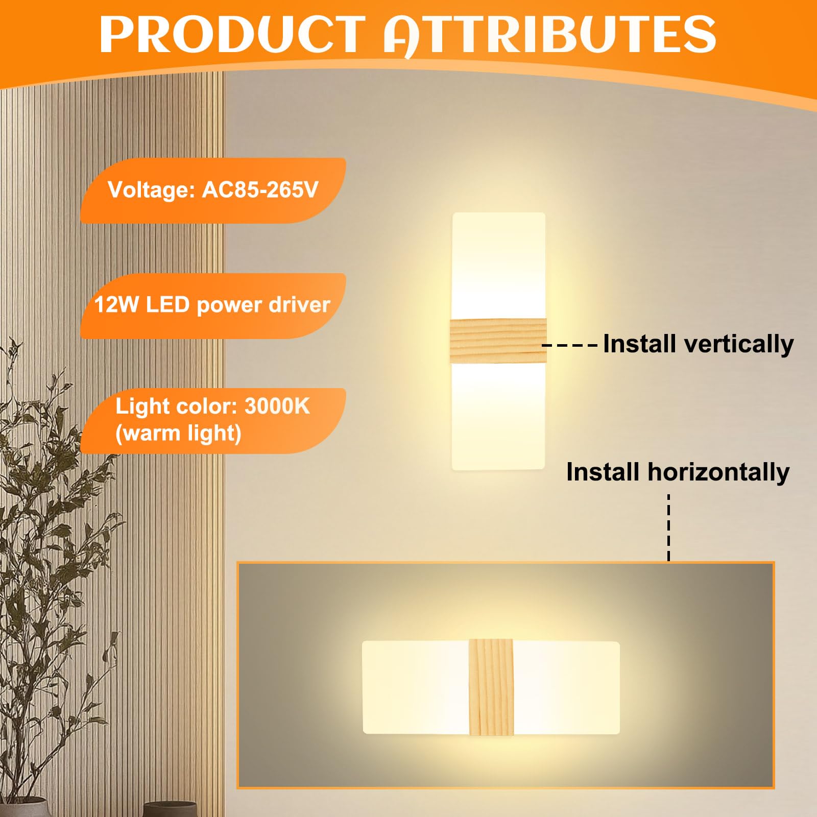 2 Pezzi 12W LED Lampada da Parete Interno 3000K Bianco Caldo 28cm | Acryl Lampada da Parete Lampada da Parete per Corridoio Su e Giù Illuminazione per Camera da Letto Corridoio Soggiorno Scale