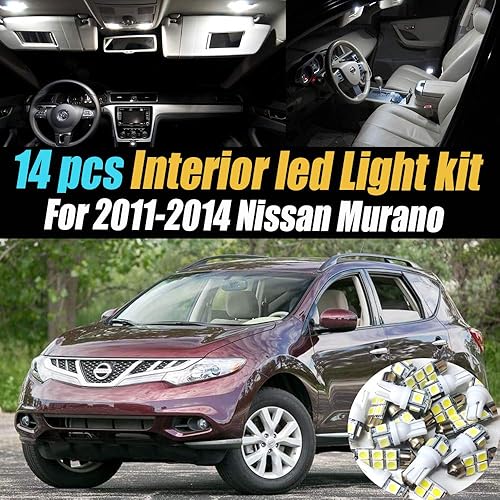Paquete de 14 luces LED para interior de automóvil, color blanco superblanco, 6000 K, compatible con Nissan Murano 2011-2014
