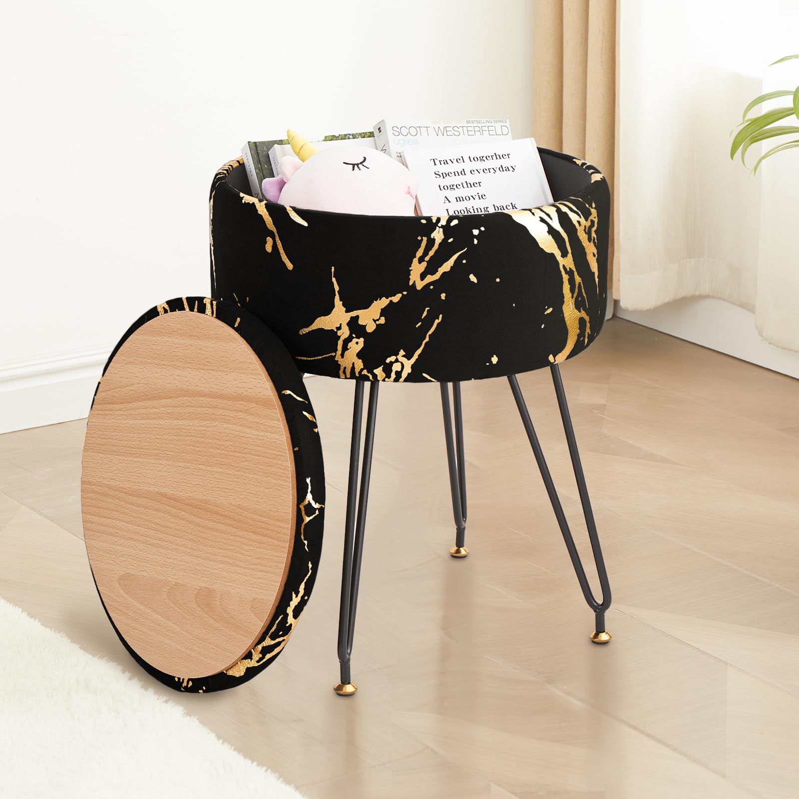 Photo 1 of ALeesing Velvet Vanity Stool, Ottoman Make Up Stool with Large Storage, Black Vanity Stool
