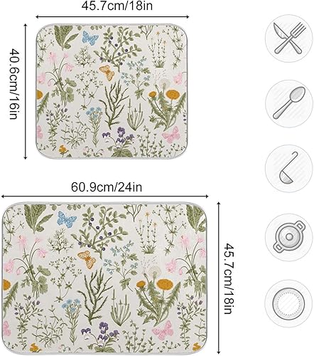 Miniatura 5 de Tapete de secado de platos de mariposas botánicas para encimera de cocina, almohadilla de secado de microfibra absorbente, grande, 18 x 24 pulgadas,