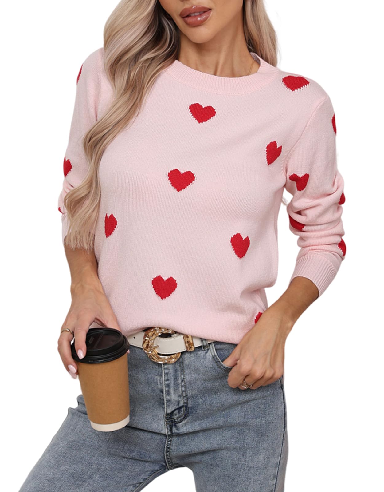 Womens Long Sleeve Crew Neck Pullover Sweaters Lightweight Soft Knit Heart Sweater