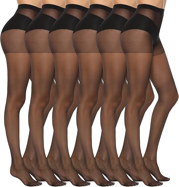 MANZI 6 Pairs Women's 20D Sheer Silky Pantyhose Run Resistant Nylon Tights High Waist Stockings with Control Top