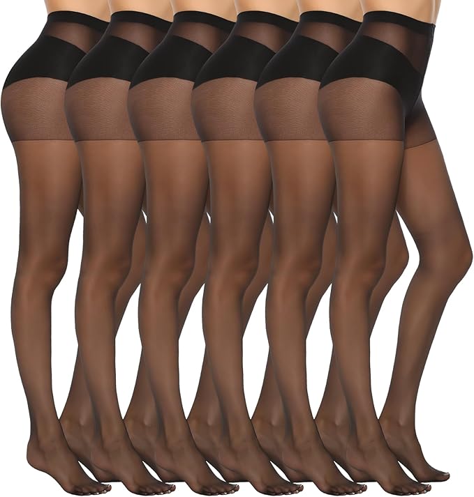 MANZI 6 Pairs Women's 20D Sheer Silky Pantyhose Run Resistant Nylon Tights High Waist Stockings with Control Top