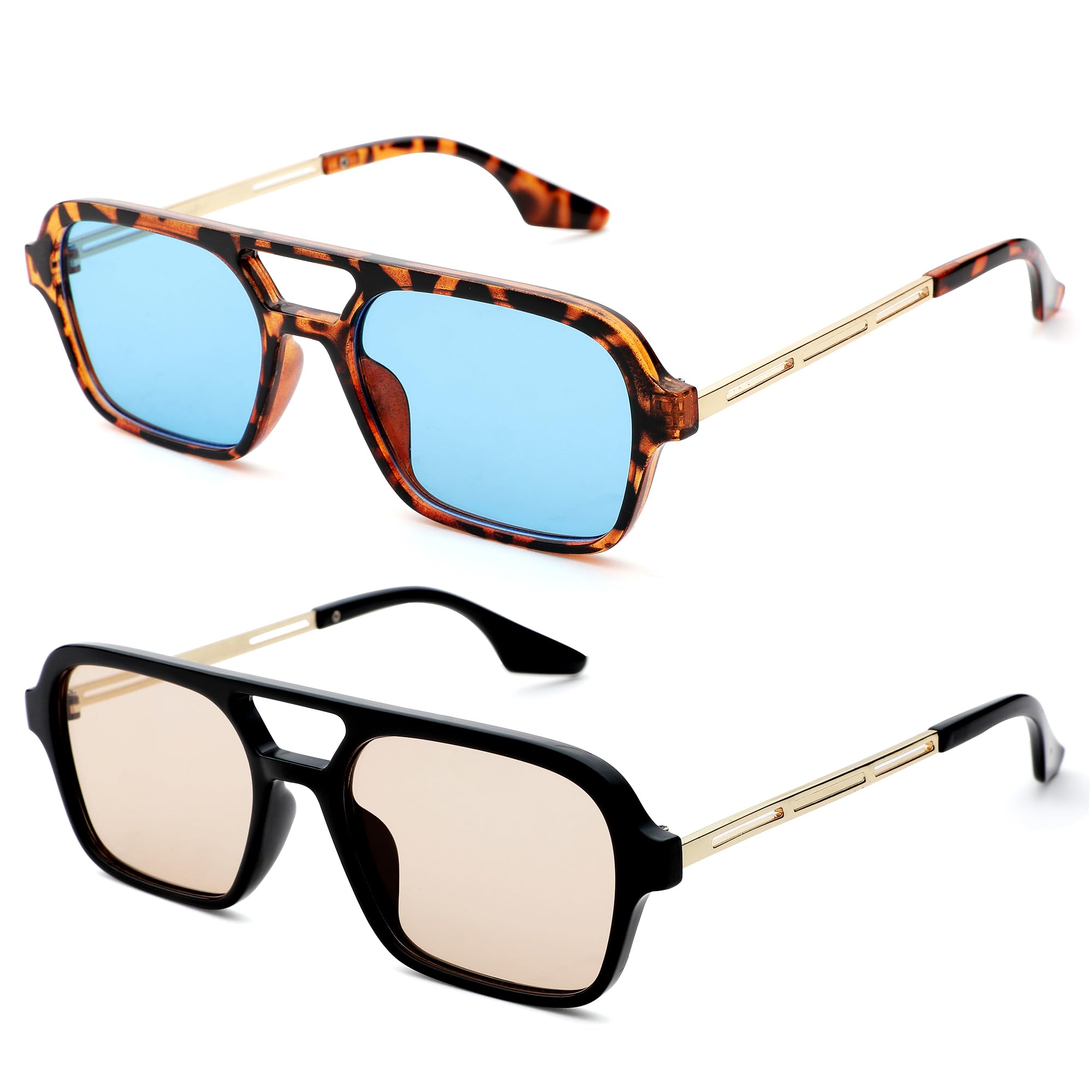 Hycredi Retro 70s Flat Aviator Sunglasses Trendy Vintage Square Glasses for Women Men Metal Design Shades UV Protection