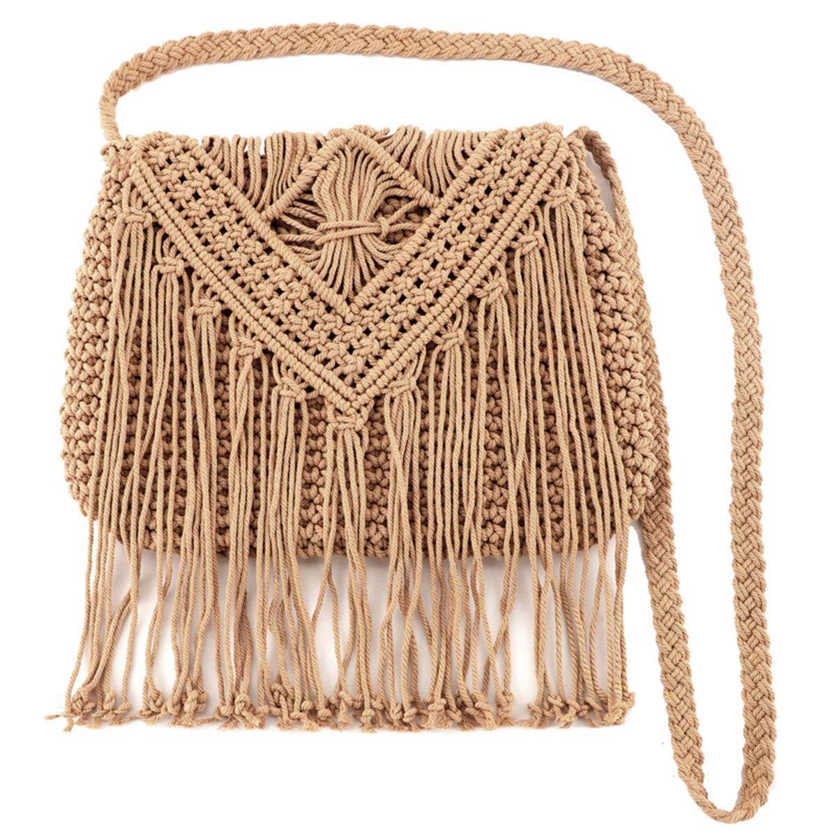 Lobagve Women Crochet Beach Bag Fringed Bohemian Crossbody Shoulder Purse Cotton Flap Envelope Purse Light Coffee