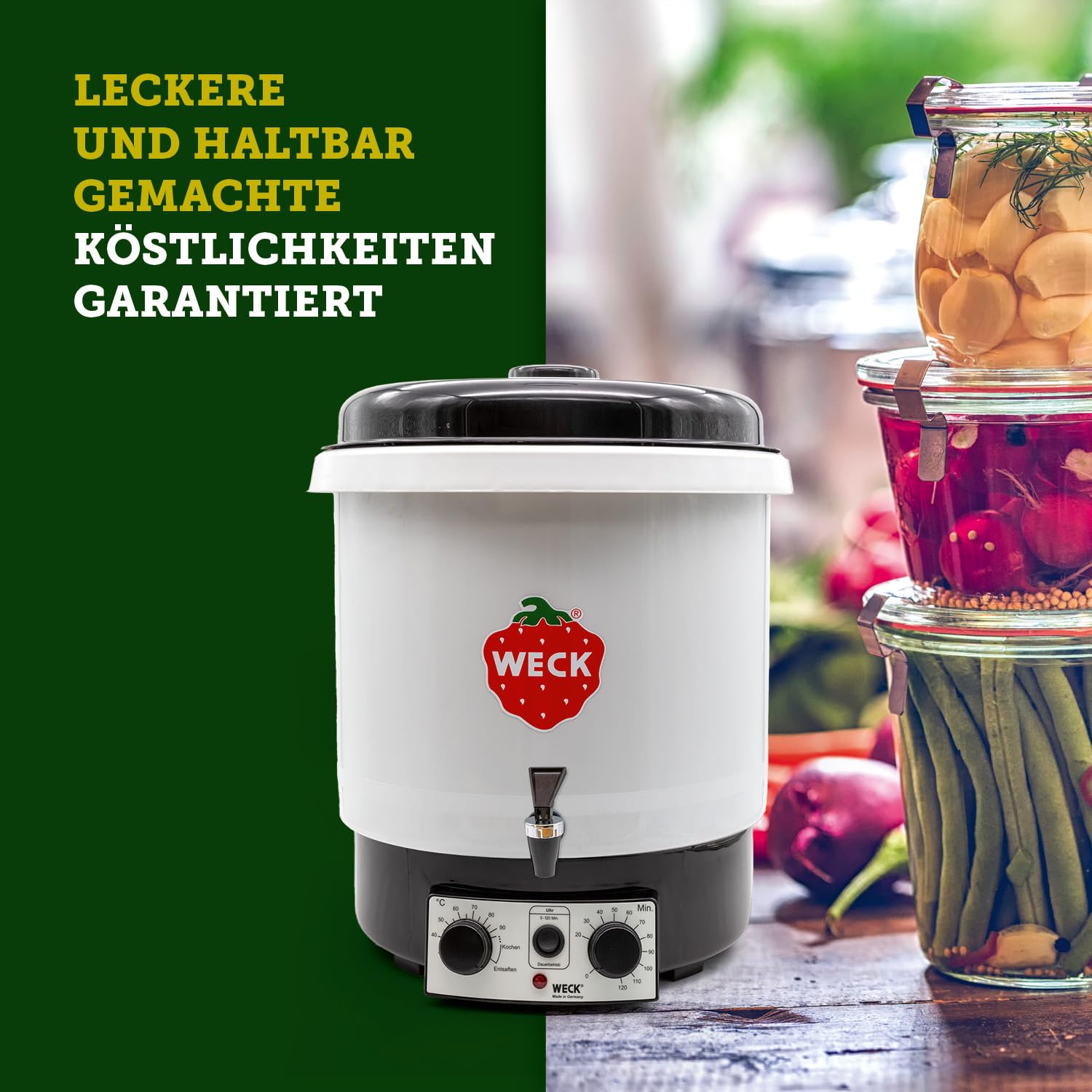 WECK Einkochautomat WAT35-A Kunststoff mit Präzisionsthermostat, Auslaufhahn & Zeitschaltuhr – 29L Einkochtopf, Glühweinkocher, Dampfentsafter, Einweckautomat – Made in Germany