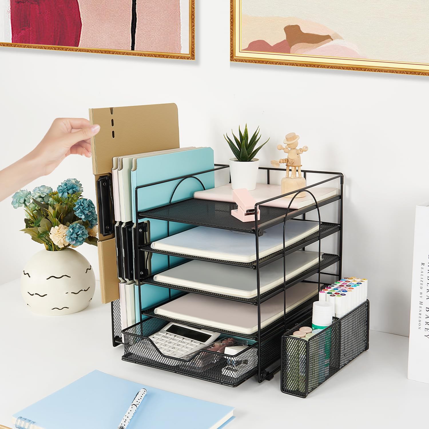gianotter 5-Tier Paper Letter Tray Organizer with File Holder, Desk Organizer with Drawer and Pen Holder, Mesh Desktop Storage with Magazine Holder for Office Supplies (Black)