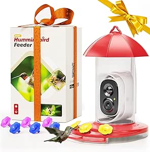 LongPlus® Hummingbird Feeder with Camera for Outdoors,Smart Bird Camera with 2K Live Video,Ant Guard Pole Base,AI Identify Bird Species,Ant Moat,Bee Proof with 3 Feeding Ports,Gifts Ideal asin的图片