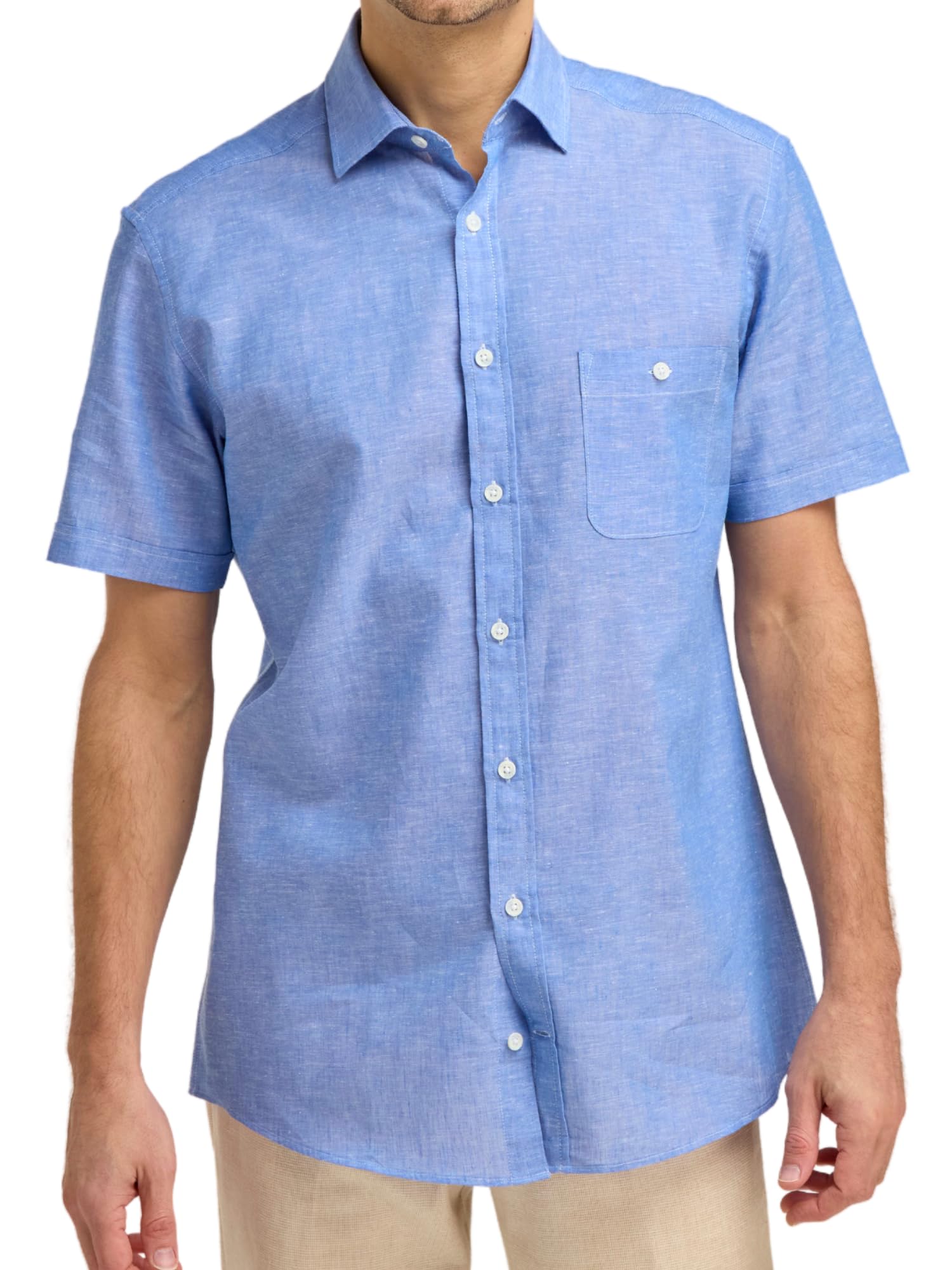 Double Two Men's Mid Blue Linen Blend Casual Shirt, Classic Fit, 5XL, Short Sleeve