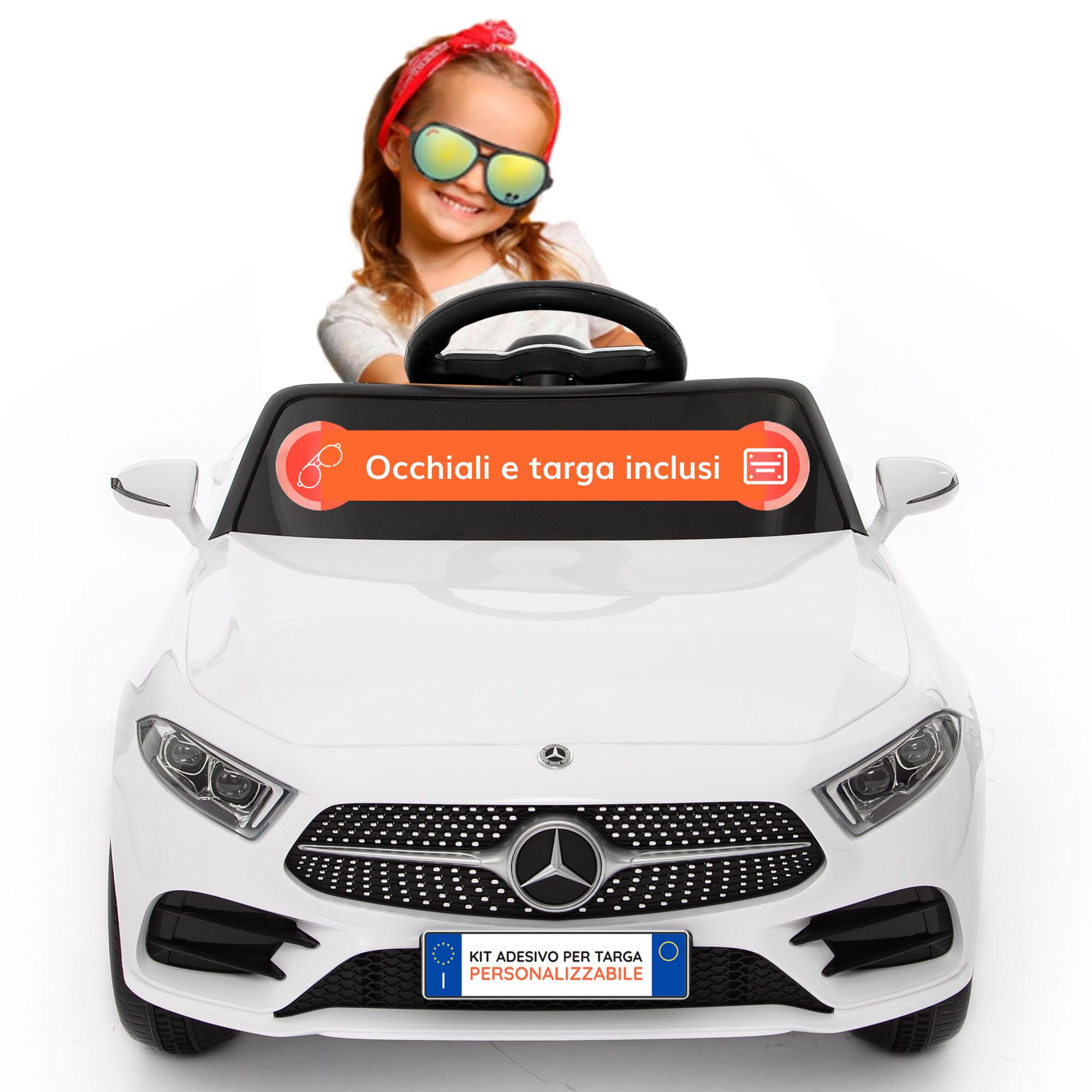 BabyCar Mercedes CLS 350 AMG | Macchina elettrica per bambini 12V 2x25W | Auto elettrica per bambini telecomandata, sedile pelle, porte apribili, MP3/USB | Licenza ufficiale | Bianca | Occhiali-Targa