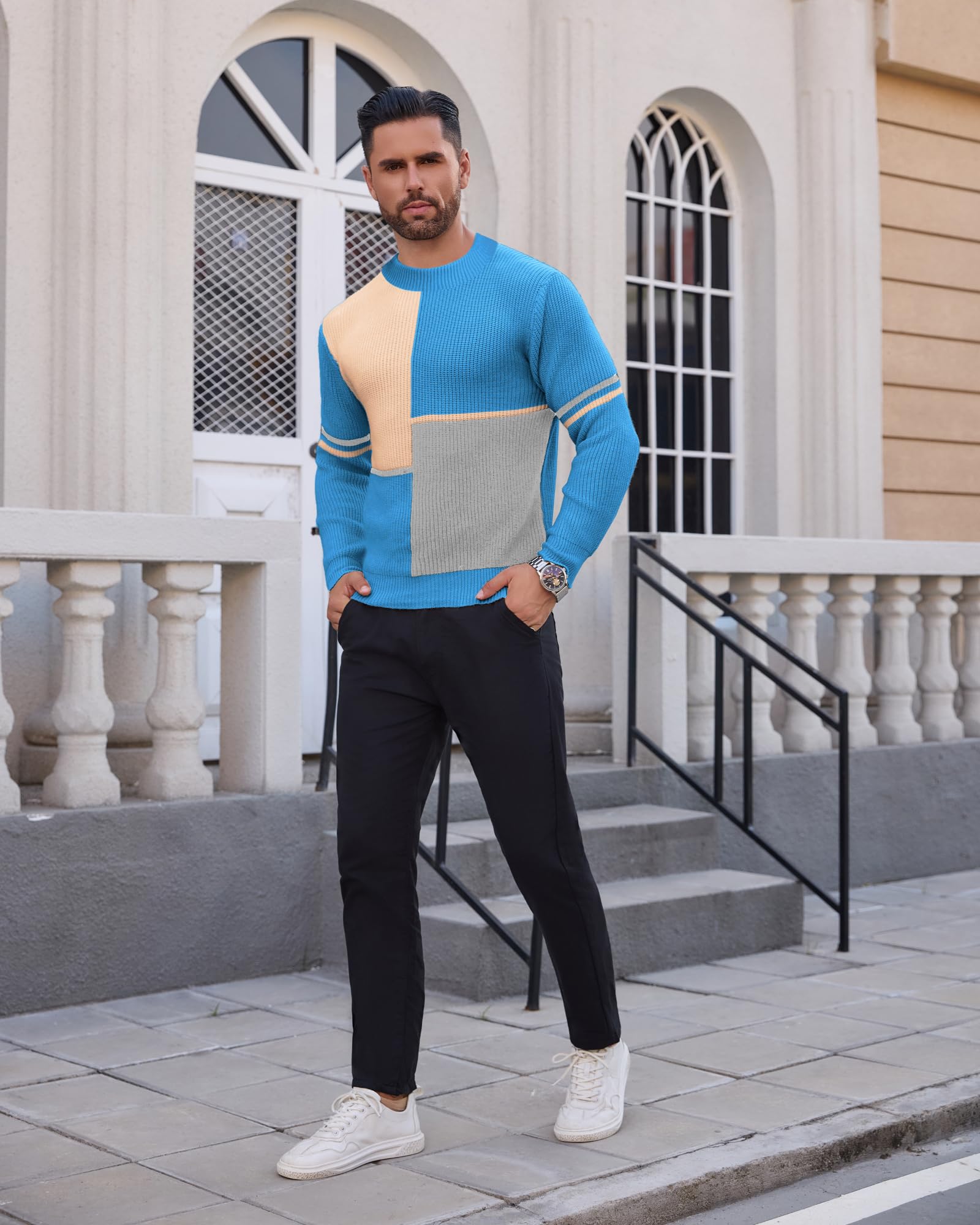 crazy bean Maglione Uomo Invernale Collo Rotondo Maglia Dolcevita Patchwork Felpa Lupetto Lupetto a Maglia Slim Fit