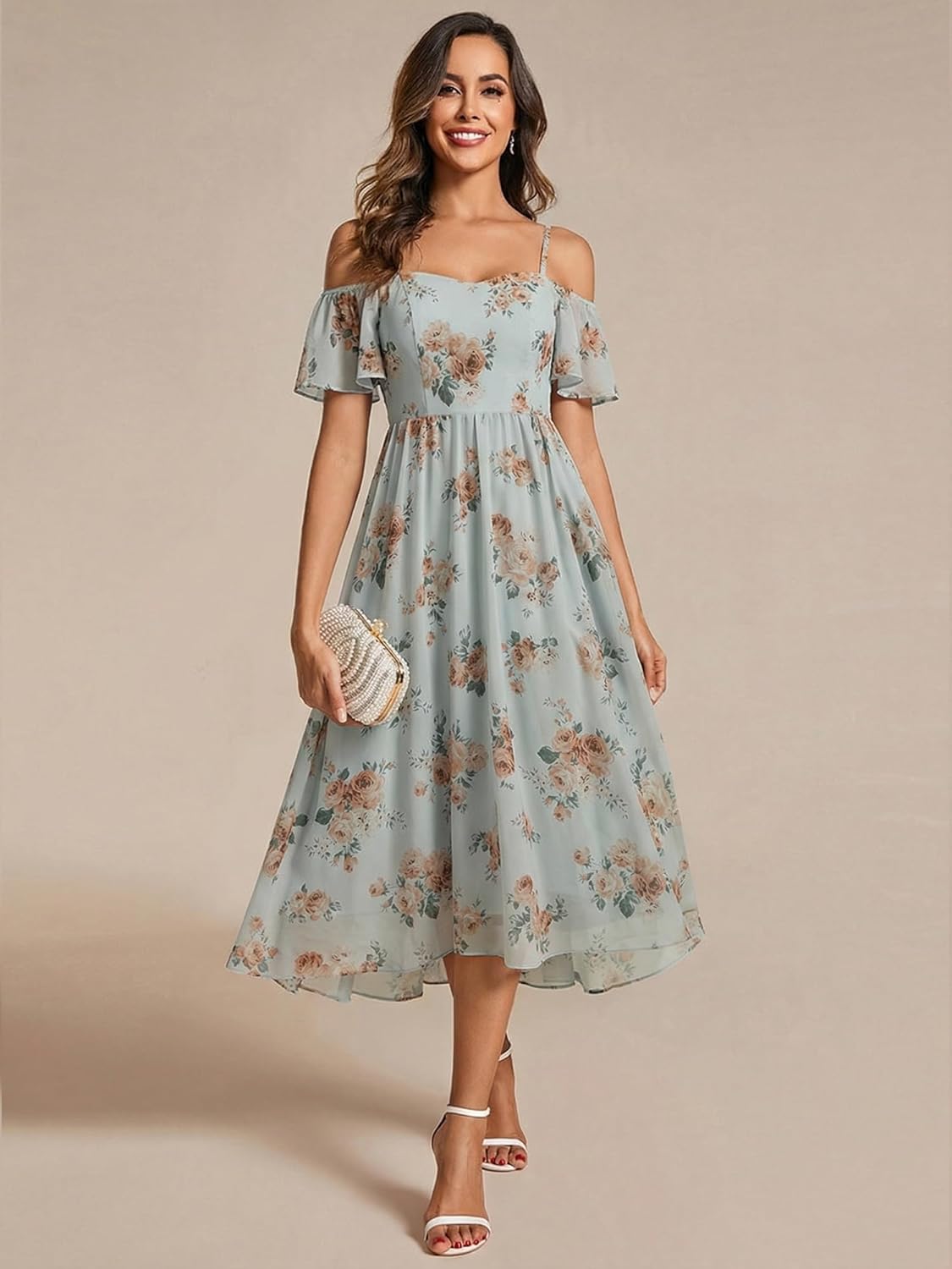 Ever-Pretty Women's Summer Cold Shoulder Hi-Lo Asymmetrical Hem Flowy Chiffon Short Wedding Guest Dress 02103