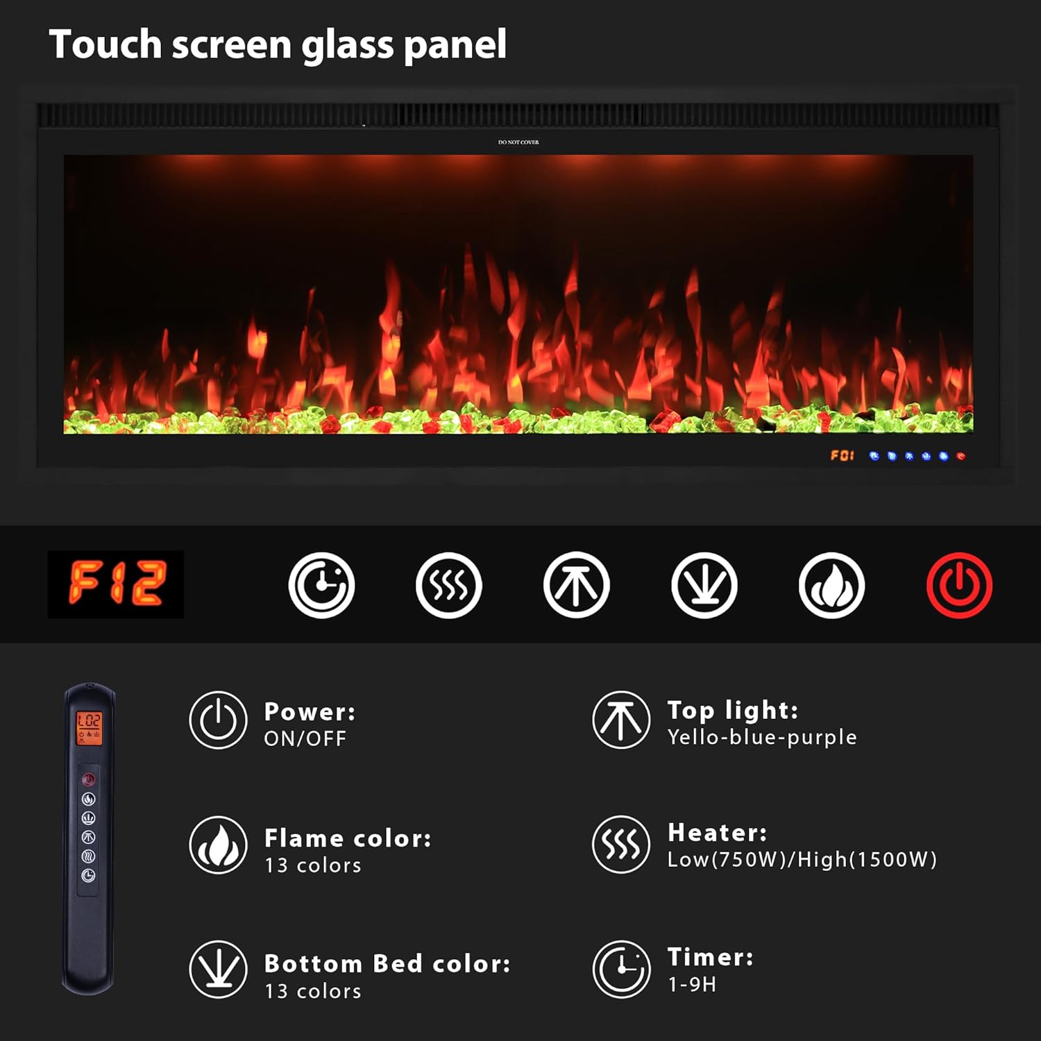 Touchscreen and remote control functions for the electric fireplace