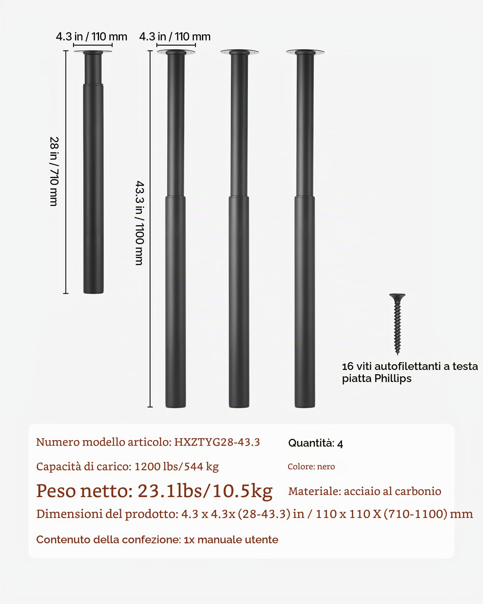 VEVOR Ganmbe per Tavolo Regolabili in Altezza 71-110 cm, Gambe per Scrivania Smontabili in Acciaio, Carico Max. 544 kg, Installazione Rapida, per Scrivania da Ufficio e Tavolo da Bar, Set da 4, Nero