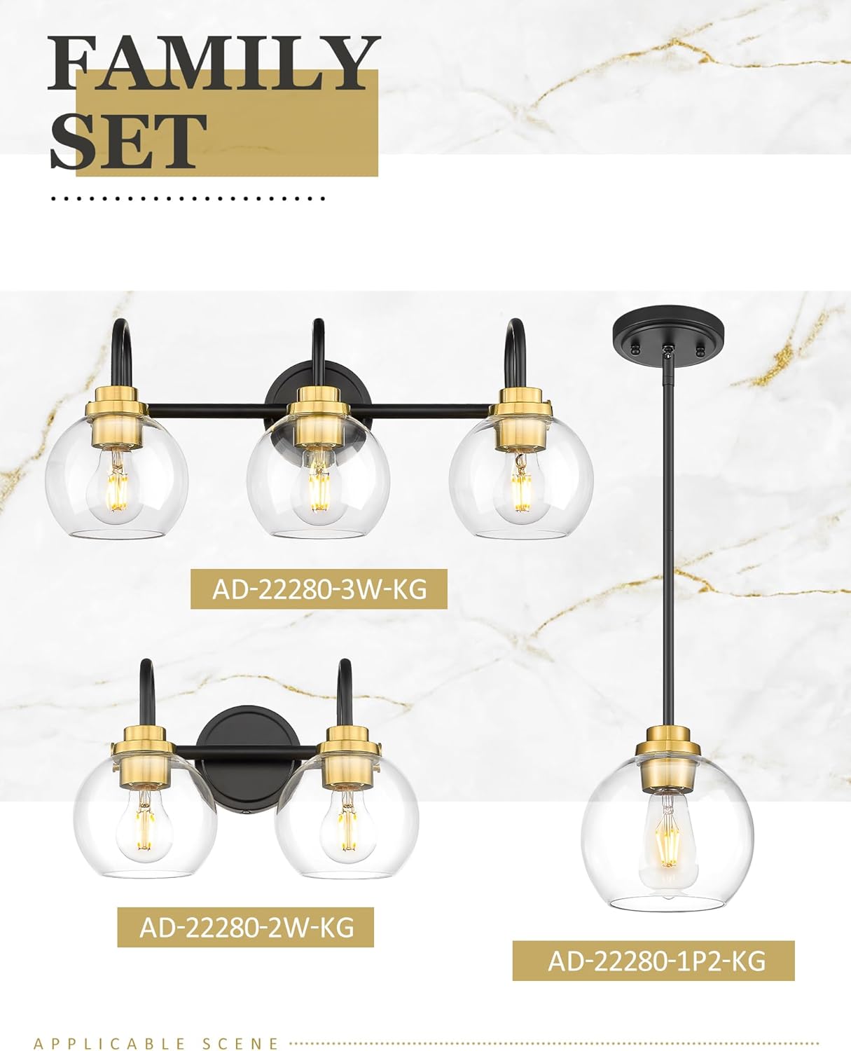 Bathroom Light Fixtures, 2-Light Black and Gold Vanity Lights with Globe Clear Glass, Modern Vanity Lighting Fixtures Over Mirror, AD-22280-2W-KG