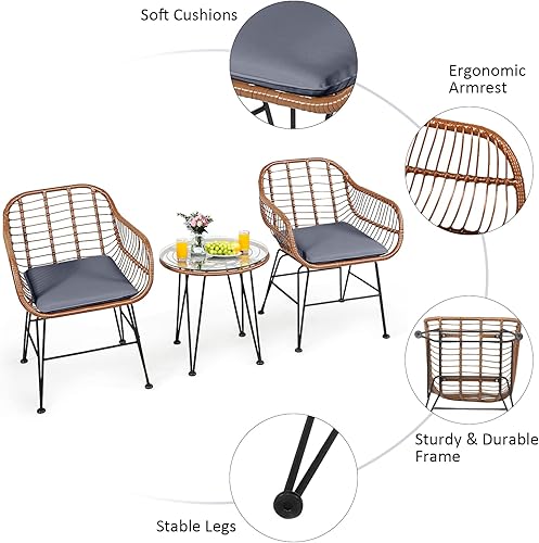 Miniatura 52 de Tangkula 3 Pieces Patio Bistro Set, Rattan Conversation Set with 2 Cushioned Armchairs & Round Glass Coffee Table, Indoor Outdoor Wicker Furniture